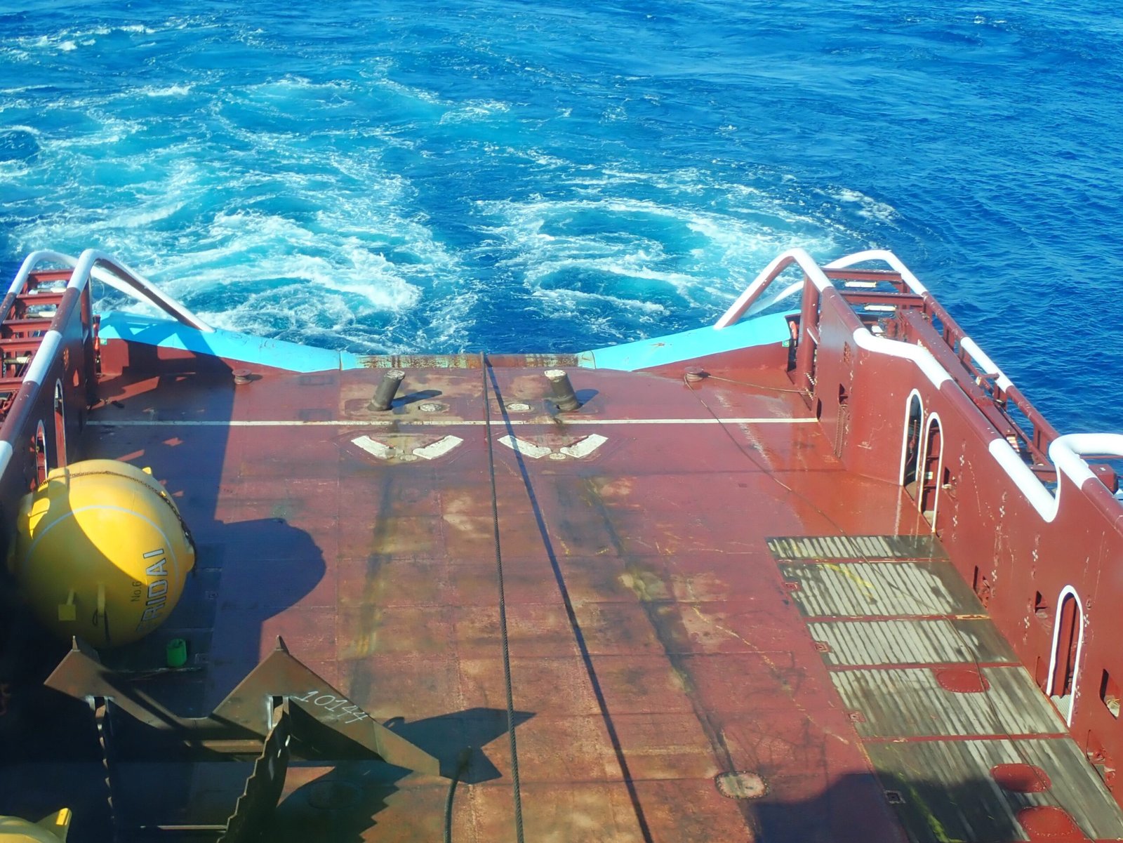 Main deck of Anchor Handling Tug showing tow pins and shark jaws